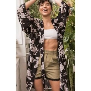 Spiritual Gangster Maya Kimono OS Black Gray Floral Boho Lightweight Cover Up